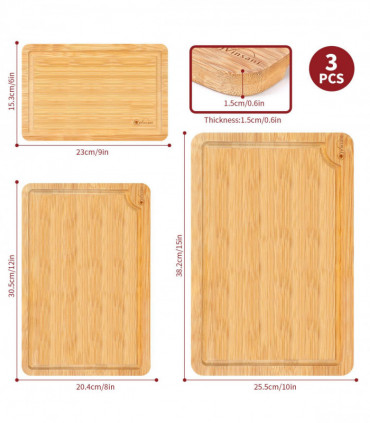 Bamboo Chopping Board Set of 3 100% Natural Wooden Kitchen Cutting Board