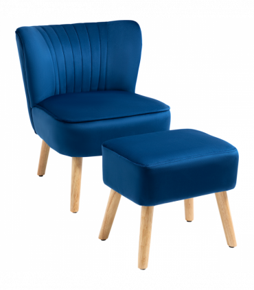 Velvet-Feel Accent Chair w/ Ottoman Tub Seat Padding Wood Legs Dark Blue