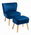 Velvet-Feel Accent Chair w/ Ottoman Tub Seat Padding Wood Legs Dark Blue