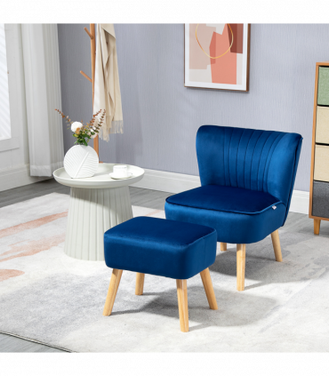 Velvet-Feel Accent Chair w/ Ottoman Tub Seat Padding Wood Legs Dark Blue