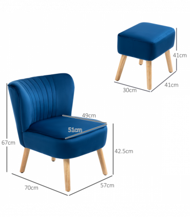 Velvet-Feel Accent Chair w/ Ottoman Tub Seat Padding Wood Legs Dark Blue