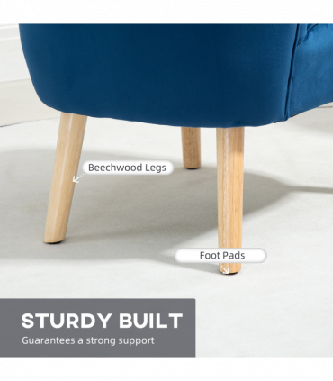 Velvet-Feel Accent Chair w/ Ottoman Tub Seat Padding Wood Legs Dark Blue