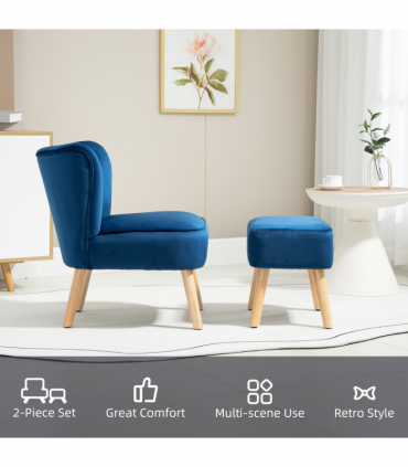 Velvet-Feel Accent Chair w/ Ottoman Tub Seat Padding Wood Legs Dark Blue