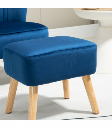 Velvet-Feel Accent Chair w/ Ottoman Tub Seat Padding Wood Legs Dark Blue