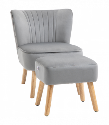 Velvet-Feel Accent Chair w/ Ottoman Tub Seat Padding Wood Legs Light Grey