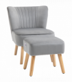 Velvet-Feel Accent Chair w/ Ottoman Tub Seat Padding Wood Legs Light Grey