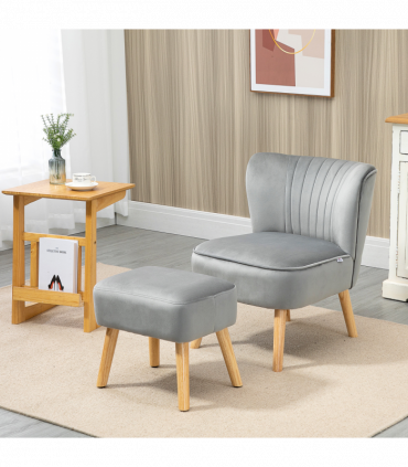 Velvet-Feel Accent Chair w/ Ottoman Tub Seat Padding Wood Legs Light Grey