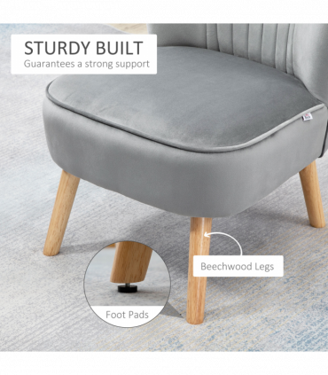 Velvet-Feel Accent Chair w/ Ottoman Tub Seat Padding Wood Legs Light Grey