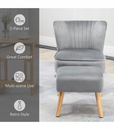 Velvet-Feel Accent Chair w/ Ottoman Tub Seat Padding Wood Legs Light Grey
