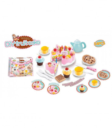 SOKA 54pc Birthday Party Cream Fruit Cake Dessert Pretend Role Play Toy Food Set Afternoon Tea Party for Kids Children Girls Boys Age 6 year old - Pink