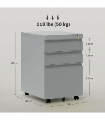 Vinsetto 3 Drawer File Cabinet, Lockable Metal Filling Cabinet, Grey