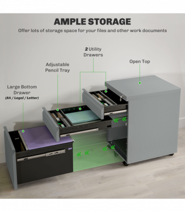 Vinsetto 3 Drawer File Cabinet, Lockable Metal Filling Cabinet, Grey