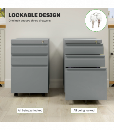 Vinsetto 3 Drawer File Cabinet, Lockable Metal Filling Cabinet, Grey