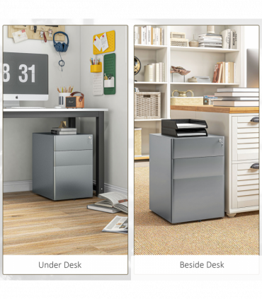 Vinsetto 3 Drawer Metal Filing Cabinet Lockable 5 Wheels Compact Under Desk Grey