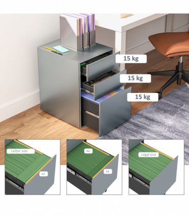 Vinsetto 3 Drawer Metal Filing Cabinet Lockable 5 Wheels Compact Under Desk Grey