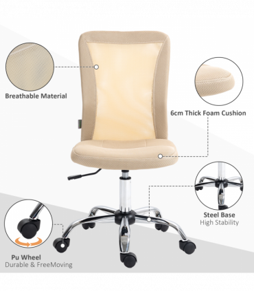 Vinsetto Armless Office Chair with Adjustable Height Mesh Back Wheels Beige