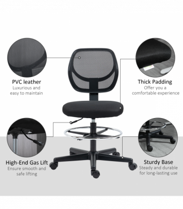Vinsetto Draughtsman Chair Tall Office Chair w/ Adjustable Footrest Ring Black
