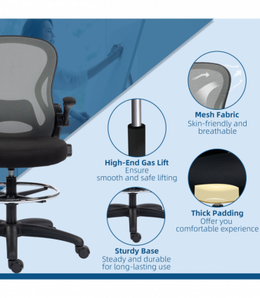 Vinsetto Draughtsman Chair Tall Office Chair w/ Adjustable Footrest, Dark Grey