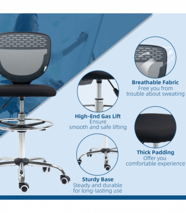 Vinsetto Draughtsman Chair, Tall Office Chair with Lumbar Support, Grey