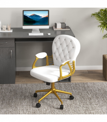 Vinsetto Home Office Chair Button Tufted Desk Chair with Swivel Wheels White