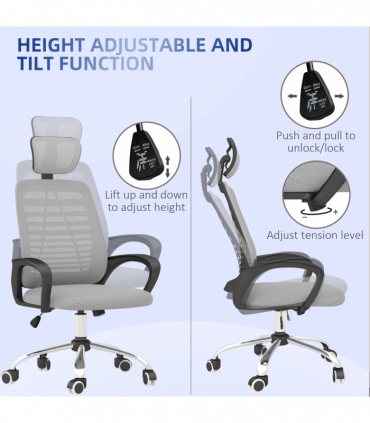 Vinsetto Mesh Office Chair, Computer Chair with Rotatable Headrest, Grey
