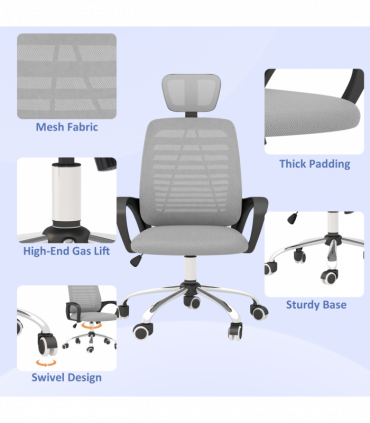Vinsetto Mesh Office Chair, Computer Chair with Rotatable Headrest, Grey