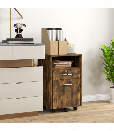 Vinsetto Mobile File Cabinet Lockable Documents Storage w/ 5 Wheels Rustic Brown