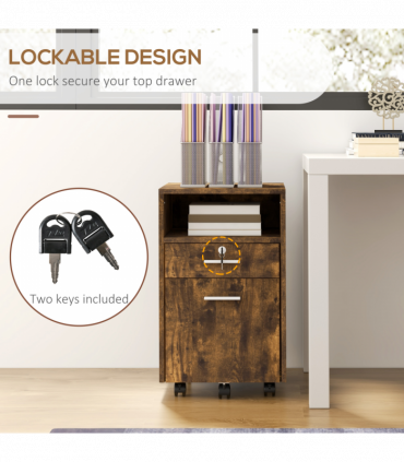 Vinsetto Mobile File Cabinet Lockable Documents Storage w/ 5 Wheels Rustic Brown