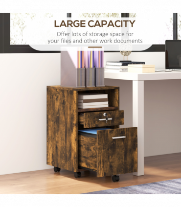 Vinsetto Mobile File Cabinet Lockable Documents Storage w/ 5 Wheels Rustic Brown