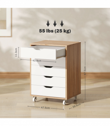 Vinsetto Mobile Filing Cabinet, 5-drawer File Cabinet with Wheels, Oak