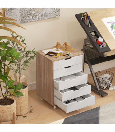 Vinsetto Mobile Filing Cabinet, 5-drawer File Cabinet with Wheels, Oak