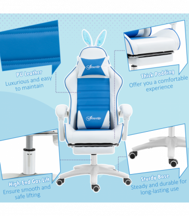 Vinsetto Racing Style Gaming Chair with Footrest Removable Rabbit Ears, Blue