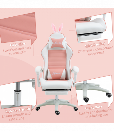 Vinsetto Racing Style Gaming Chair with Footrest Removable Rabbit Ears, Pink