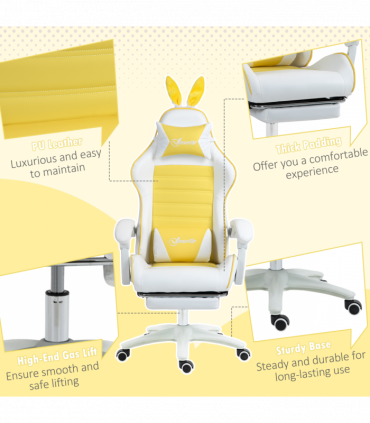 Vinsetto Racing Style Gaming Chair with Footrest Removable Rabbit Ears, Yellow