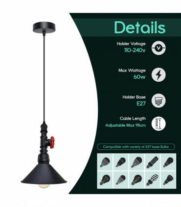 Vintage  Black  ceiling pendent light metal shade E2adjustable cable