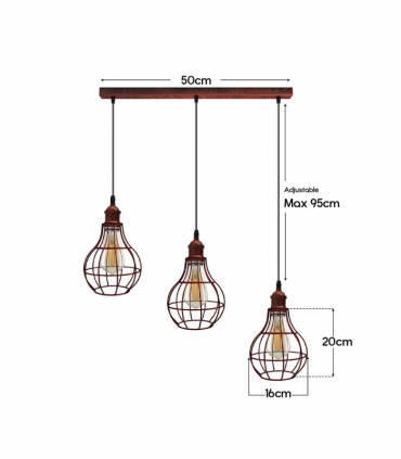 Vintage  Rustic Red 3 Head Reactangle Base Pendant Light Cord Light E27 Base Metal Brushed Fitting Vase Cage Lamp Shade