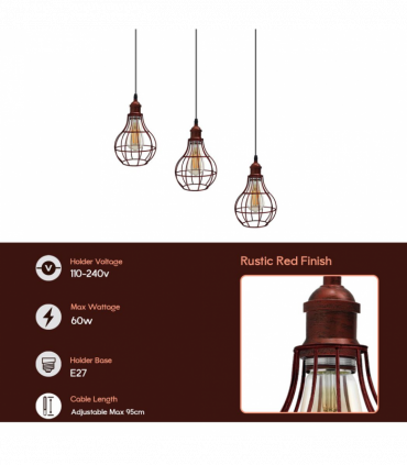 Vintage  Rustic Red 3 Head Reactangle Base Pendant Light Cord Light E27 Base Metal Brushed Fitting Vase Cage Lamp Shade