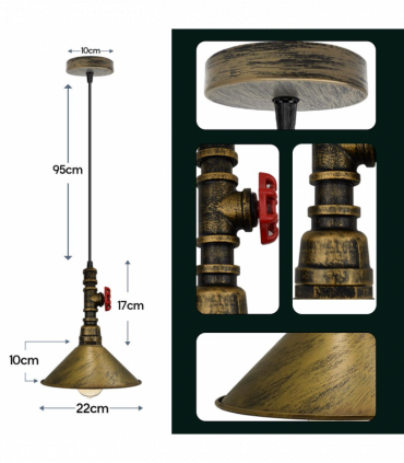 Vintage Brushed Brass ceiling pendent light 22cm metal shade E2adjustable cable