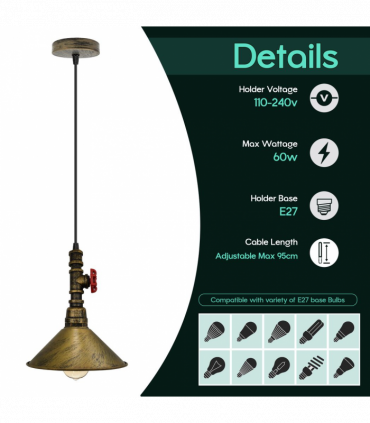 Vintage Brushed Brass ceiling pendent light 22cm metal shade E2adjustable cable