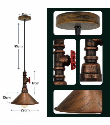 Vintage Brushed Copper ceiling pendent light metal shade E2adjustable cable