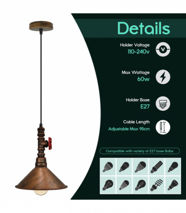 Vintage Brushed Copper ceiling pendent light metal shade E2adjustable cable