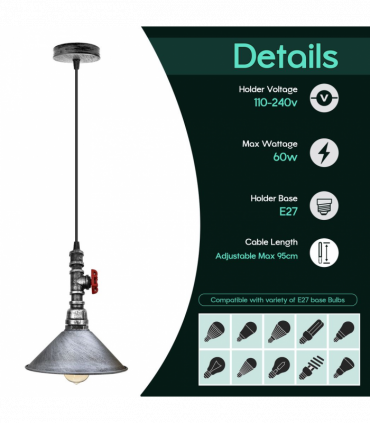 Vintage Brushed Siliver ceiling pendent light metal shade E2adjustable cable