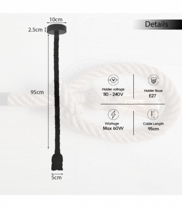 Vintage Ceiling Pendant Light 1m Black Colour Hemp Rope Hanging Lamp Lights