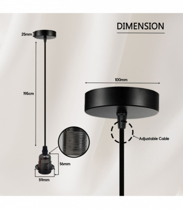 Vintage Industrial Black Pendant Light Fitting, lampshade Holder Fitting  Set with 2m Cable.