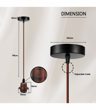 Vintage Industrial Copper Pendant Light Fitting, lampshade Holder Fitting  Set with 2m Cable.