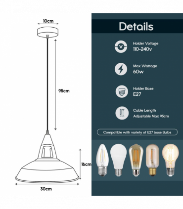 Vintage Industrial Retro Black Inner White Metal Pendant Lights UK E27 Holder