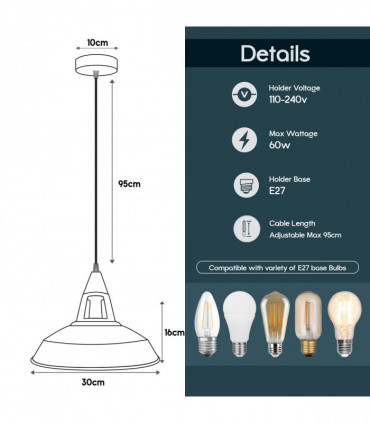 Vintage Industrial Retro Chrome Metal Ceiling Pendant Lights , UK E27 Holder