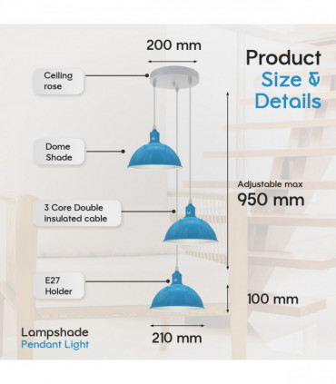 Vintage Industrial Round Three Outlet 21cm Pendant Light Blue without bulb