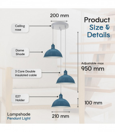 Vintage Industrial Round Three Outlet 21cm Pendant Light Cyan Blue without bulb