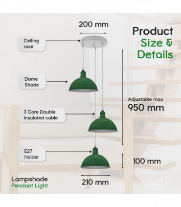 Vintage Industrial Round Three Outlet 21cm Pendant Light Green with bulb